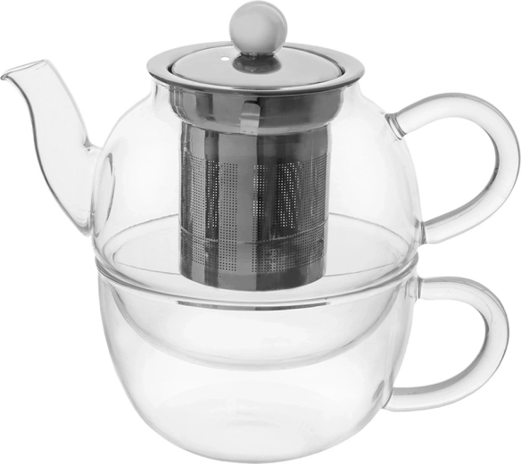 Compact 2-en-1 : théière avec tasse s’emboîtant l’une dans l’autre