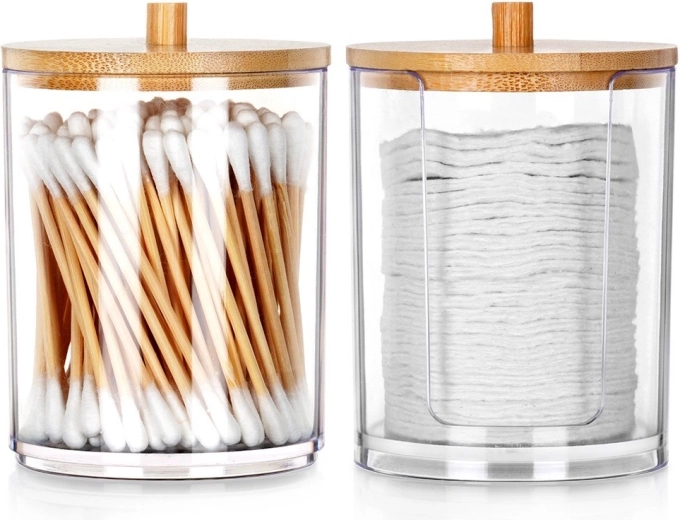 Ensemble de boîtes pour cotons-tiges et disques démaquillants, 2 pcs, acrylique avec couvercle en bambou