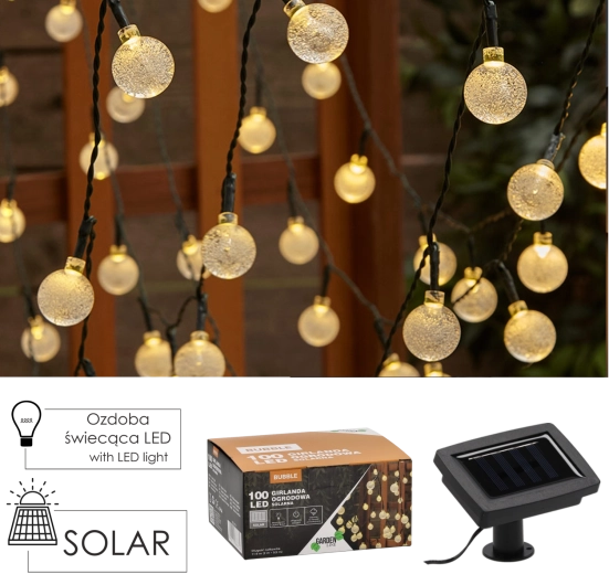 Guirlande lumineuse solaire de jardin BUBBLE 100 LED, blanc chaud, 11,9 m