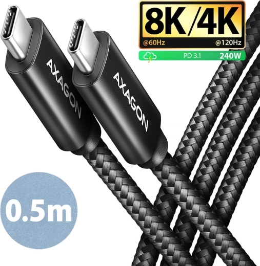 Axagon câble usb-c vers usb-c 0,5 m usb4 40 gb/s, pd 240 w, 8k, embouts en aluminium, tressé