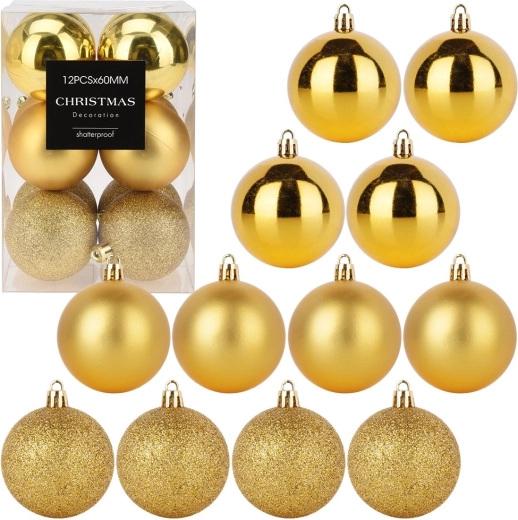Ensemble de décorations de Noël incassables dorées 6 cm, 12 pièces