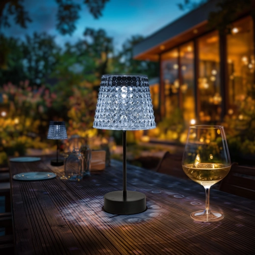 Lampe de table solaire endommagée avec abat-jour transparent et LED blanc froid