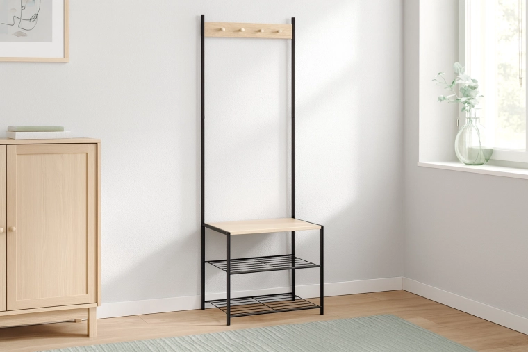 Porte-manteau d’entrée autoportant avec banc et 3 étagères 60 × 40 × 175 cm