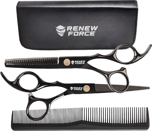 Set professionnel de ciseaux de coiffure Renew Force avec ciseaux à effiler, peigne et étui