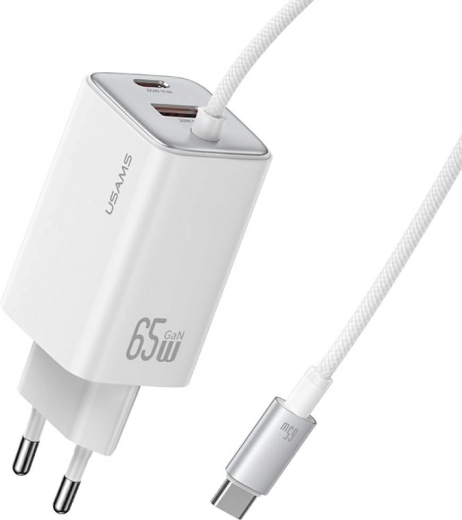 Chargeur secteur GaN USAMS série JC 65 W avec câble USB-C intégré (2× USB-C, 1× USB-A), blanc