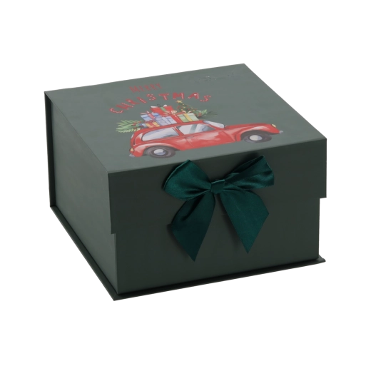 Boîte cadeau de Noël en forme de voiture avec nœud vert