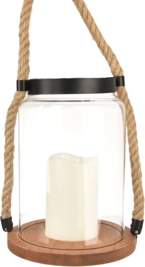 Bougeoir LED brun en verre et bois (lanterne) 23 cm