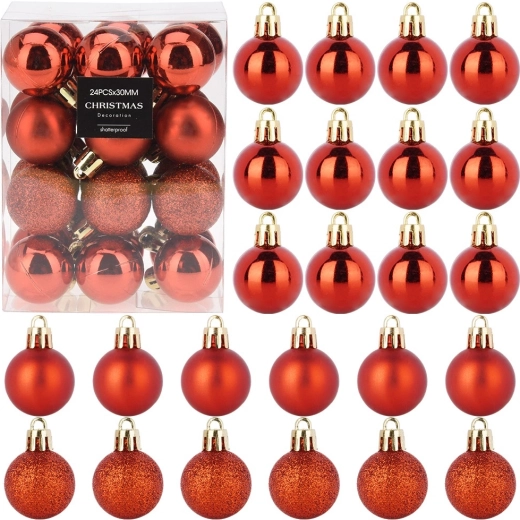 Décorations de Noël incassables rouges 3 cm, 24 pcs