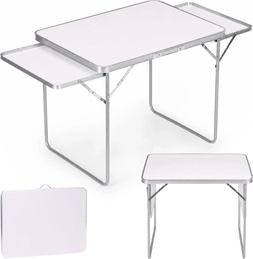 Table de camping pliante MultiGarden 120 × 60 cm avec 2 étagères latérales, blanche