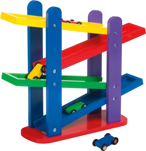 BINO circuit automobile cascade en bois avec 4 petites voitures