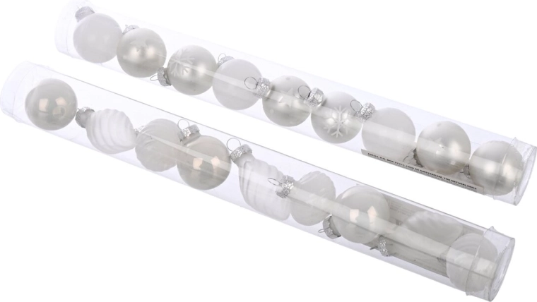 Boules de Noël en verre en tube, blanches, 9 pcs (2 variantes)