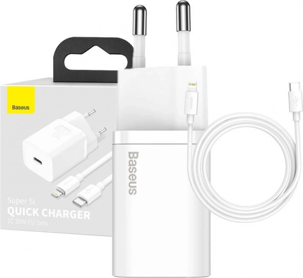 Chargeur BASEUS Super Si 20W 1× USB‑C + câble USB‑C vers Lightning 1 m (blanc)