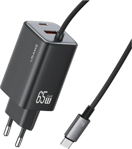 Chargeur secteur GaN USAMS série JC 65 W avec câble USB‑C intégré (2× USB‑C, 1× USB‑A), noir