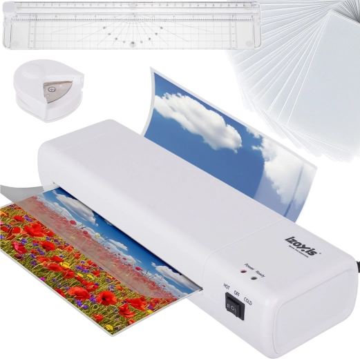 Plastifieuse Izoxis A4 4-en-1 avec massicot, arrondisseur d’angles et 60 pochettes