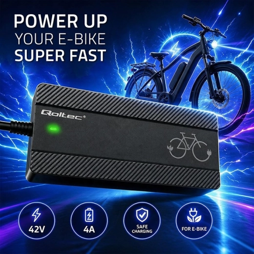 Chargeur pour vélo électrique Qoltec 36 V, 42 V, 4 A avec connecteur Bosch et câble d’alimentation