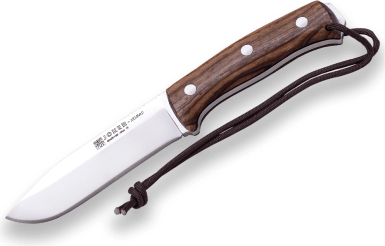 Couteau bushcraft Joker Nomad à lame fixe 12,7 cm, bois de noyer, étui en cuir et pierre à feu