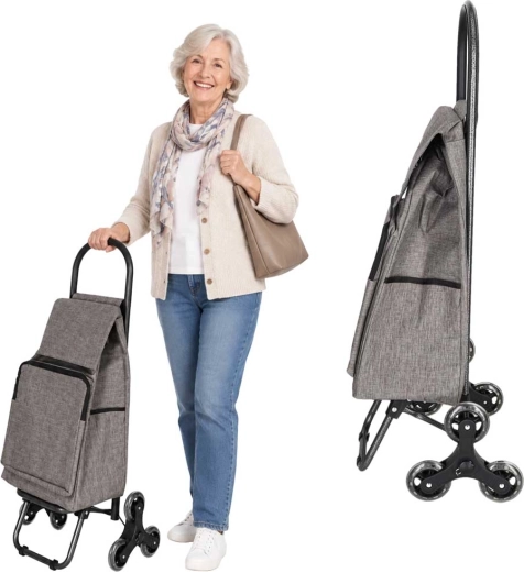 Sac de courses à roulettes avec système pour escaliers à 6 roues et poche isotherme 95 cm gris