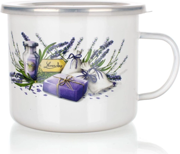 Mug émaillé Lavender 0,9 l avec couvercle en plastique