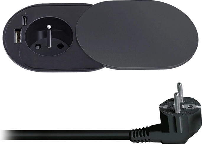 Prise encastrable Solight 230 V avec USB-A et USB-C 20 W PD avec couvercle coulissant, 2 m, noir mat