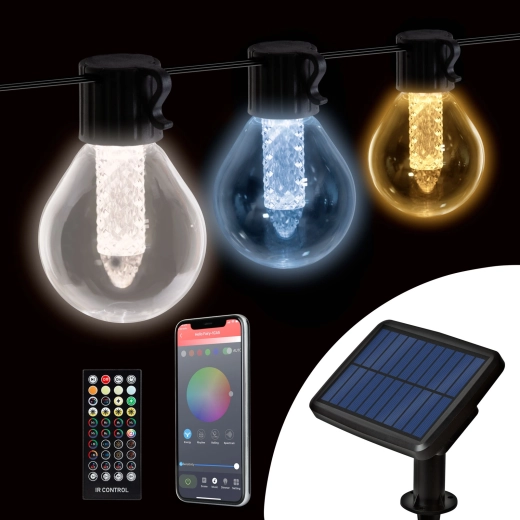 Guirlande lumineuse solaire intelligente avec 15 ampoules LED blanches, Bluetooth et température de lumière réglable