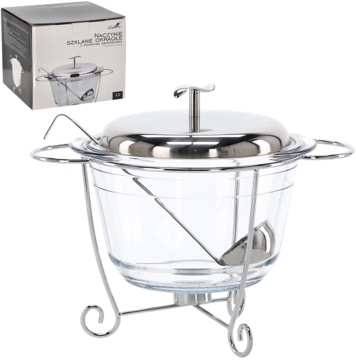 Bol chauffant en verre 3,9 l avec couvercle en inox, support et louche