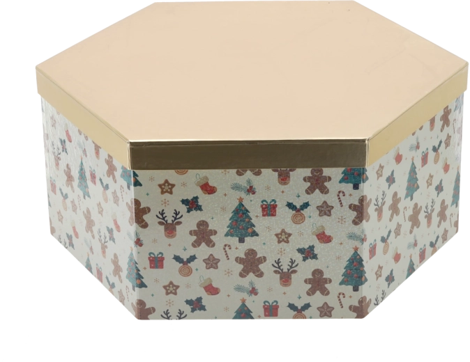 Boîte cadeau de Noël hexagonale avec couvercle doré 33 × 28,5 × 12 cm - 1 pièce