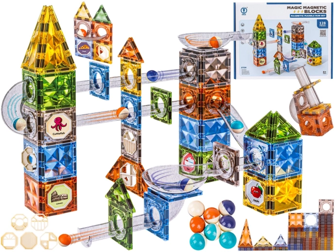 Blocs de construction magnétiques avec circuit à billes – 128 pièces