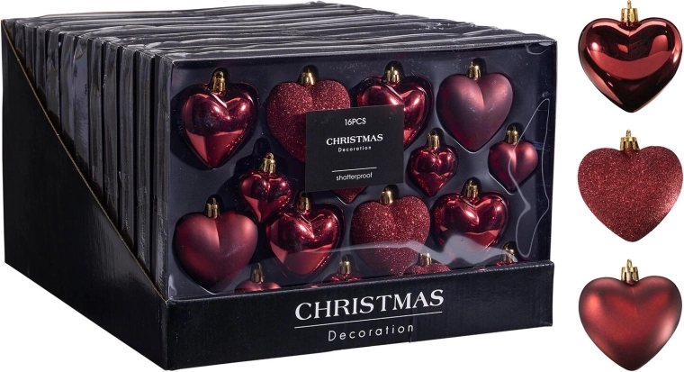 Décorations de Noël suspendues en forme de cœur, couleur lie-de-vin, 4,5 et 6,5 cm, lot de 16 pièces