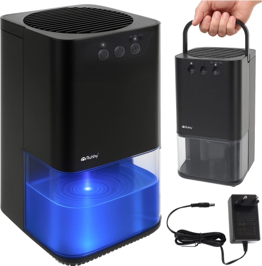 Déshumidificateur d’air compact Ruhhy avec rétroéclairage LED et minuterie, noir