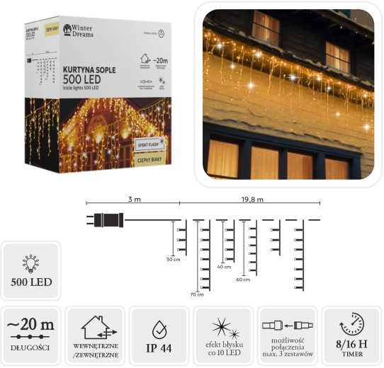 Rideau lumineux LED en forme de glaçons, 500 LED blanc chaud avec effet flash blanc froid, 20 m