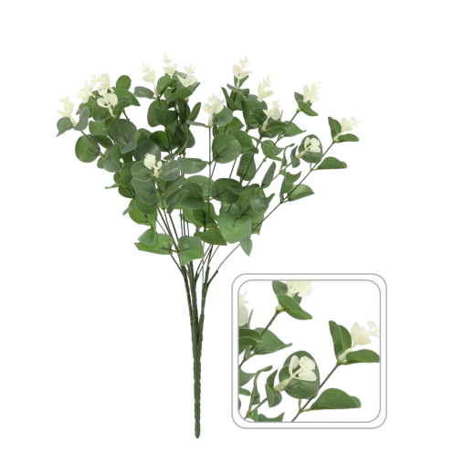 Branche d’eucalyptus artificielle avec fleurs blanches 46 cm