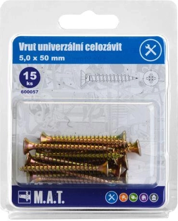 Vis universelle à filetage total 5 × 50 mm, zinguée, 15 pcs