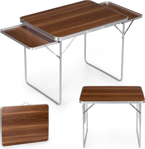 Table de camping pliante MultiGarden 120 × 60 cm avec 2 étagères latérales, marron