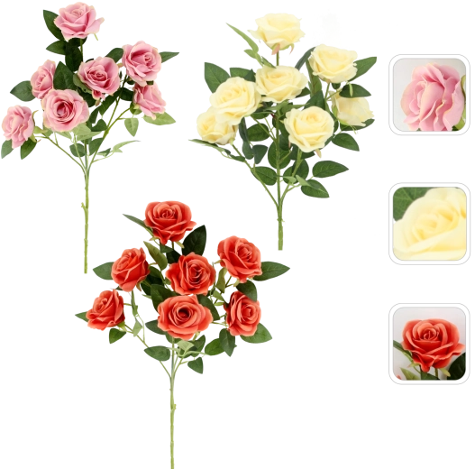 Branche de rose artificielle avec sept fleurs 8 cm, mélange de couleurs (24 pcs)