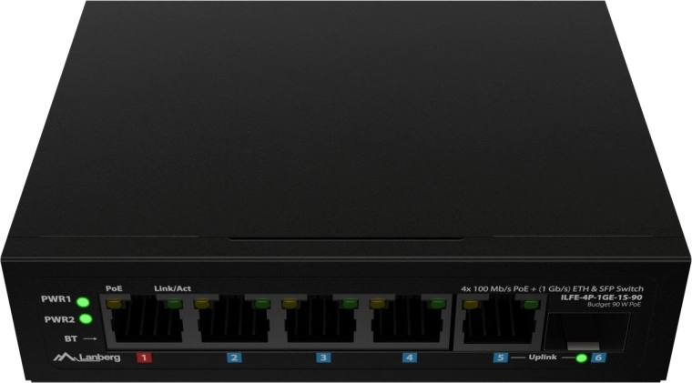 Lanberg switch PoE industriel léger sur rail DIN 4× Fast Ethernet + 1× uplink Gigabit + 1× SFP (PoE++ 90 W)