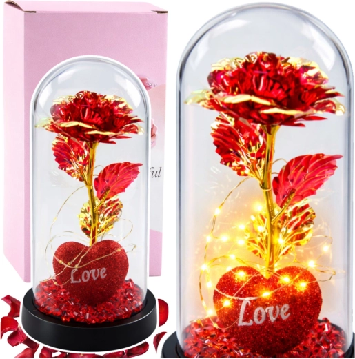 Rose éternelle en cristal sous cloche avec éclairage LED – Rouge avec cœur