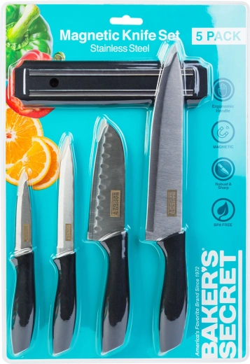 Baker's Secret set de couteaux de cuisine avec support magnétique, 5 pièces