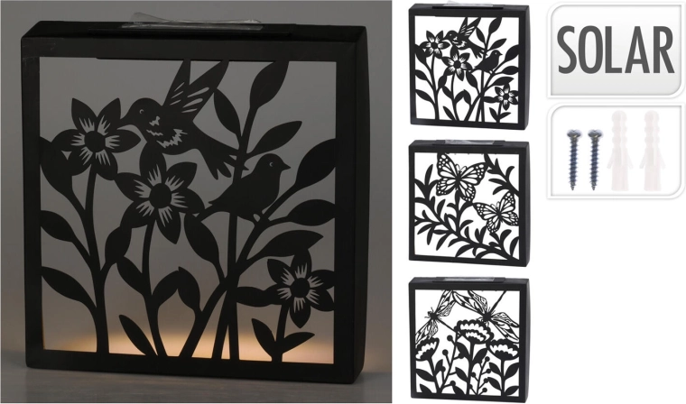 Décoration murale LED solaire – carrée en métal noir avec intérieur doré 26 × 26 × 5 cm