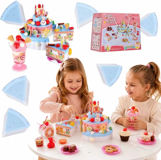 Pâtisserie pour enfants – gâteau d’anniversaire à trois étages à velcro avec lumières et musique, 117 pièces, bleu