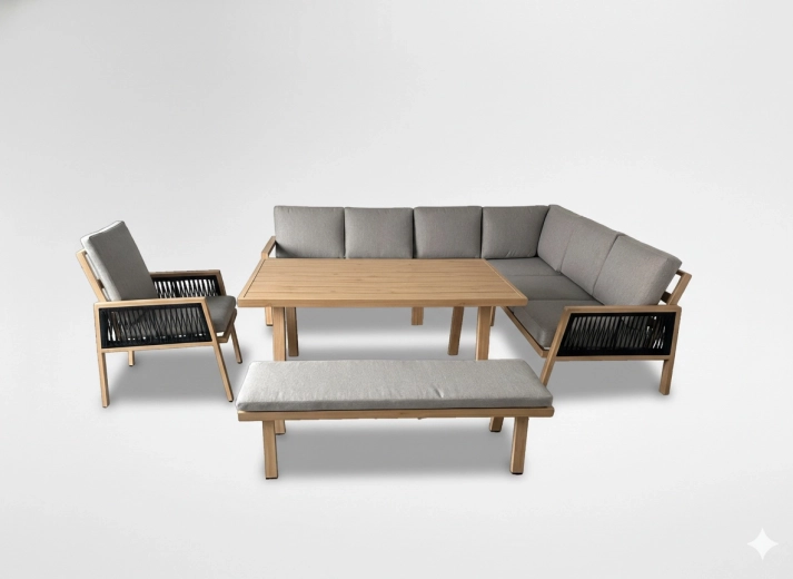 Mobilier de jardin en aluminium Ottawa avec canapé d’angle, banc et table, marron avec coussins gris