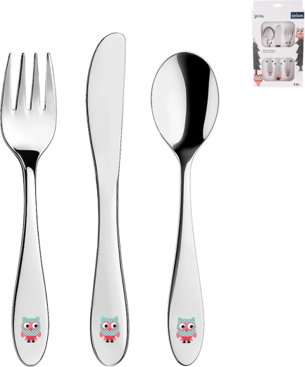 Couverts pour enfants en acier inoxydable avec motif de hibou, 3 pièces