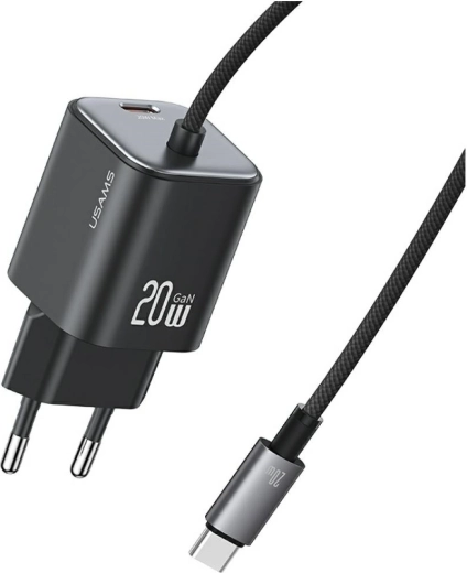 USAMS série JC mini chargeur secteur GaN 20 W avec câble USB‑C intégré (2× USB‑C), noir