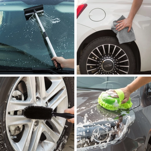 Kit d’entretien automobile avec chiffons, éponge de lavage, brosse pour jantes et raclette télescopique