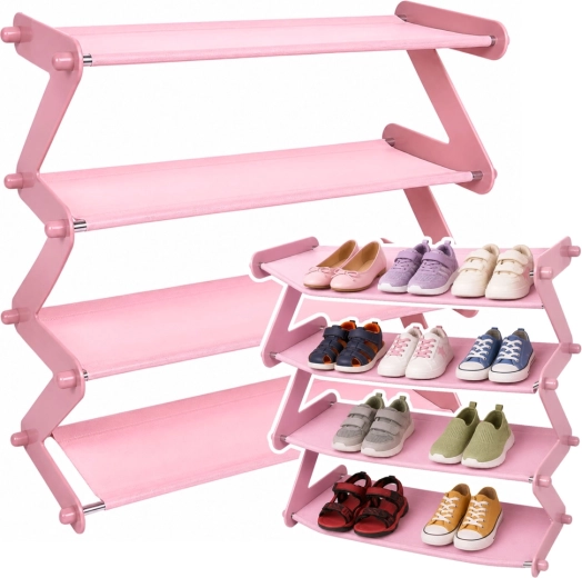 Étagère à chaussures rose autoportante avec 4 étagères