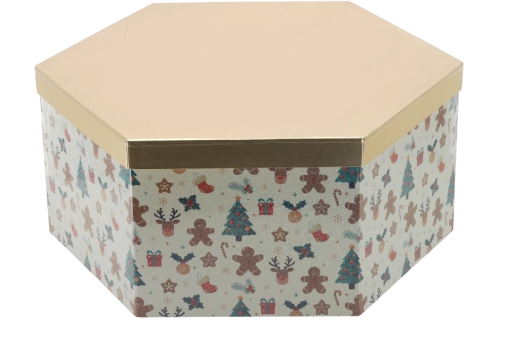 Boîte cadeau de Noël en forme d’hexagone avec couvercle doré