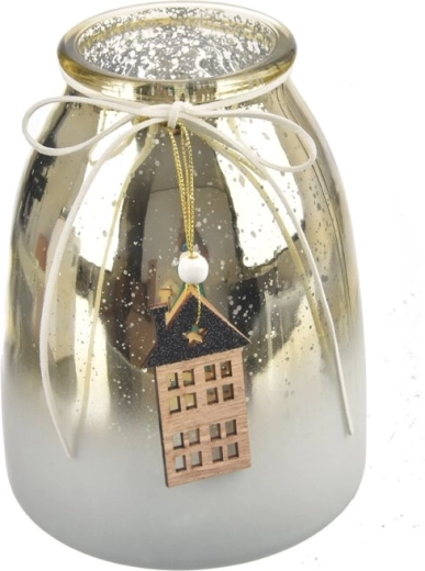 Photophore en verre et bois en forme de petite maison, argenté