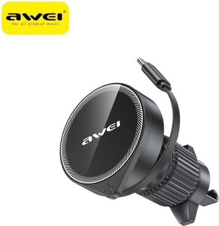 Support magnétique MagSafe Awei pour voiture à fixer sur la grille d’aération avec câble rétractable (noir)