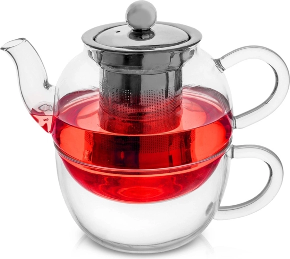 Théière en verre avec tasse et filtre inox 300 + 350 ml, set 2 pièces