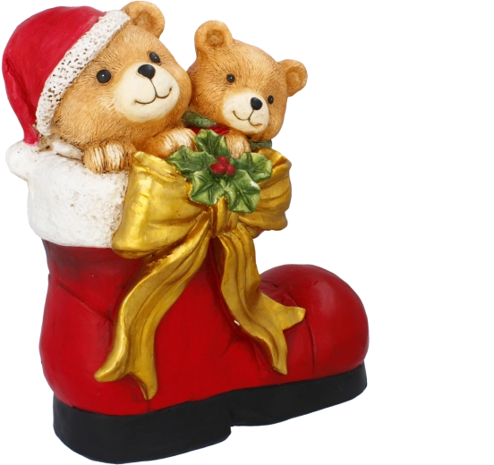 Figurine de Noël avec des oursons dans la botte du Père Noël