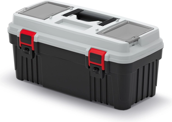 Mallette à outils en plastique avec compartiments et plateau, grise